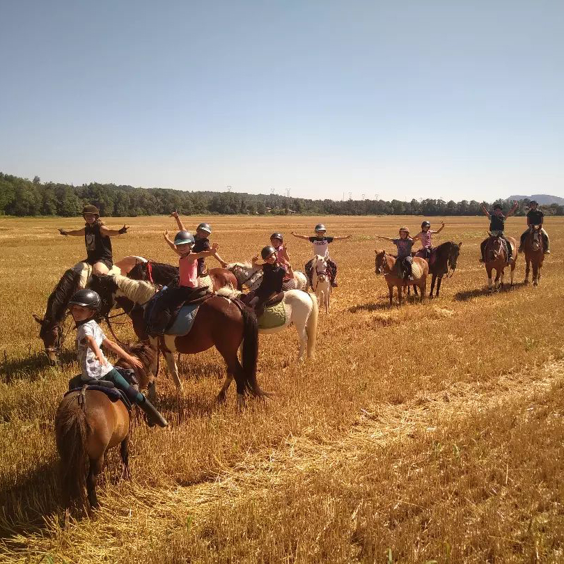 Des enfants heureux en balade à poney dans un champ